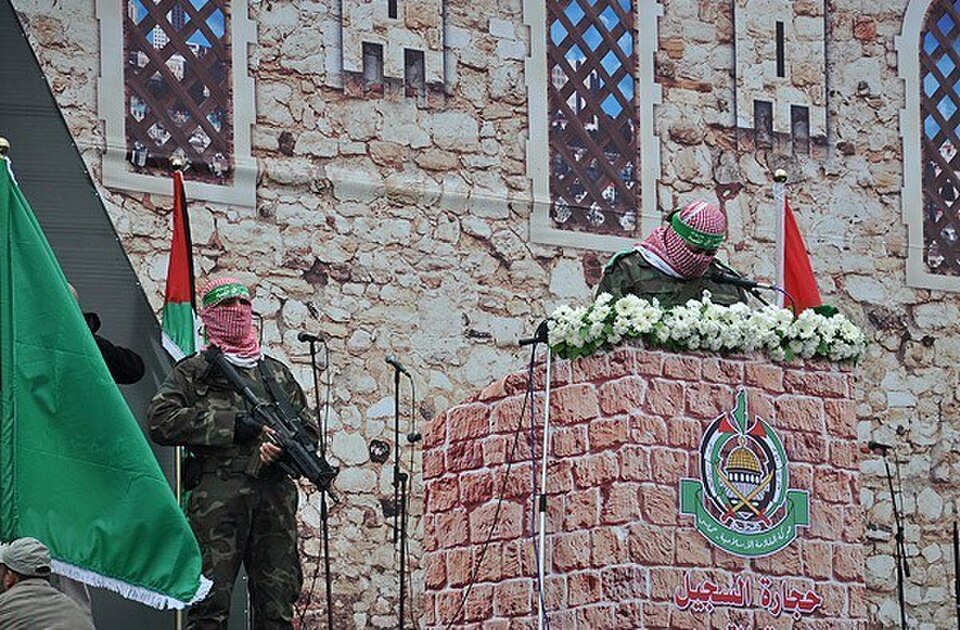 Armed Hamas members at a Hamas anniversary event